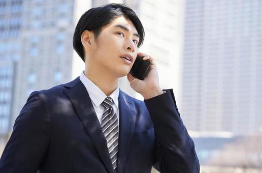 Face up of Japanese male businessman to call, hermoso, japonés, hombre, JPG