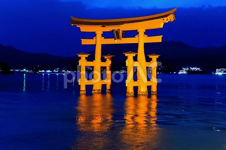 日本三景安芸の宮島夜の大鳥居 日本三景,日本三景安芸の宮島,世界文化遺産の写真素材