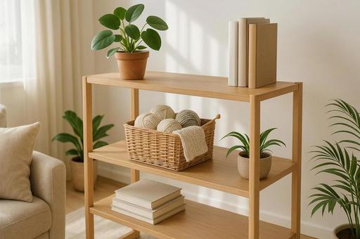 毛糸と本を飾った棚の写真