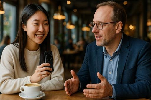 カフェで笑顔の会話 カフェで笑顔の会話の写真
