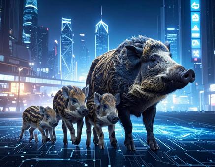 子年フォト・未来都市を生きるイノシシ親子の写真