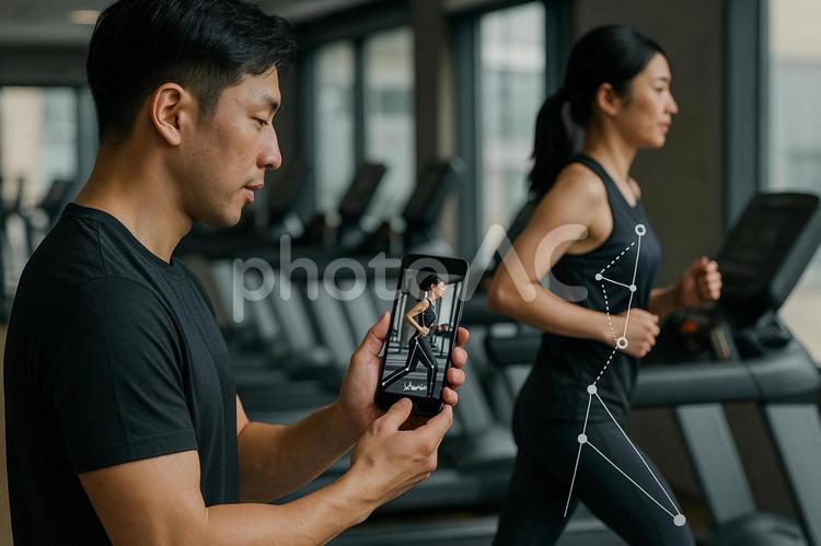 スマホフォーム測定ランニングフォーム解析 ジム,トレーナー,フォーム解析の写真素材