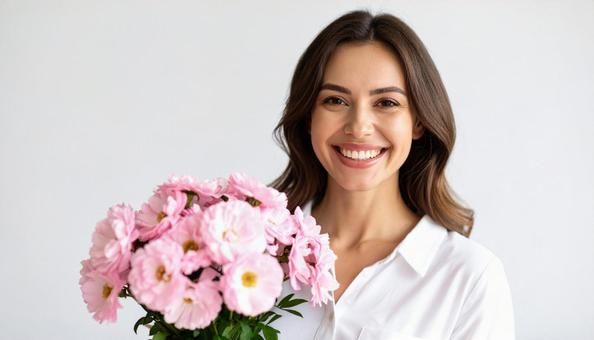 ナチュラルな笑顔の女性 花束 明るい ナチュラルな笑顔の女性 花束 明るいの写真