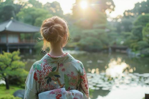 日本庭園と浴衣の外国人女性 日本庭園と浴衣の外国人女性の写真