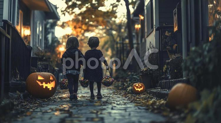 ハロウィン夜のかぼちゃ散歩 人物,風景,秋の写真素材
