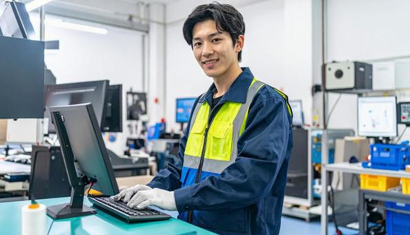 工場の三次元測定機を使う作業服の男性 工場の三次元測定機を使う作業服の男性の写真