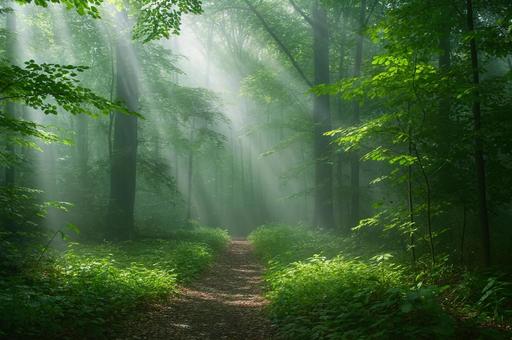 朝の光が差し込む緑の森と小道 朝の光が差し込む緑の森と小道の写真
