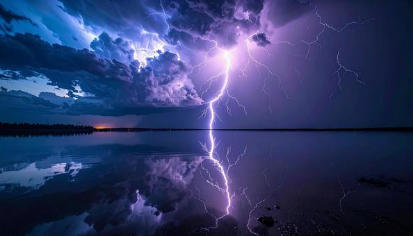 湖面に映る雷光の写真