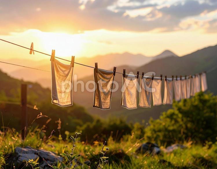 山の風景と夕陽の物干し 洗濯物,物干し,洗濯ばさみの写真素材