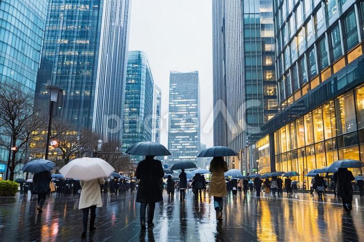 都会の夕暮れの雨〜通行人 雨,通行人,帰り足の写真素材