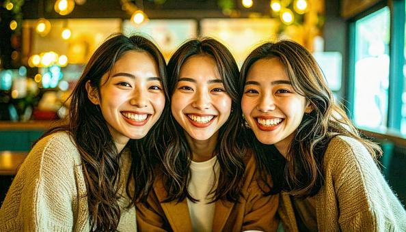 女子会で集まって笑顔の若い女性たち 女子会で集まって笑顔の若い女性たちの写真