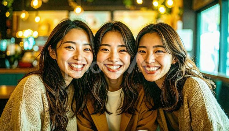 女子会で集まって笑顔の若い女性たち 女性,3人,アジア人の写真素材