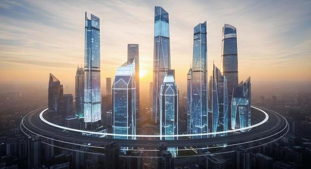 朝焼けに輝く未来都市の高層ビル群 朝焼けに輝く未来都市の高層ビル群の写真