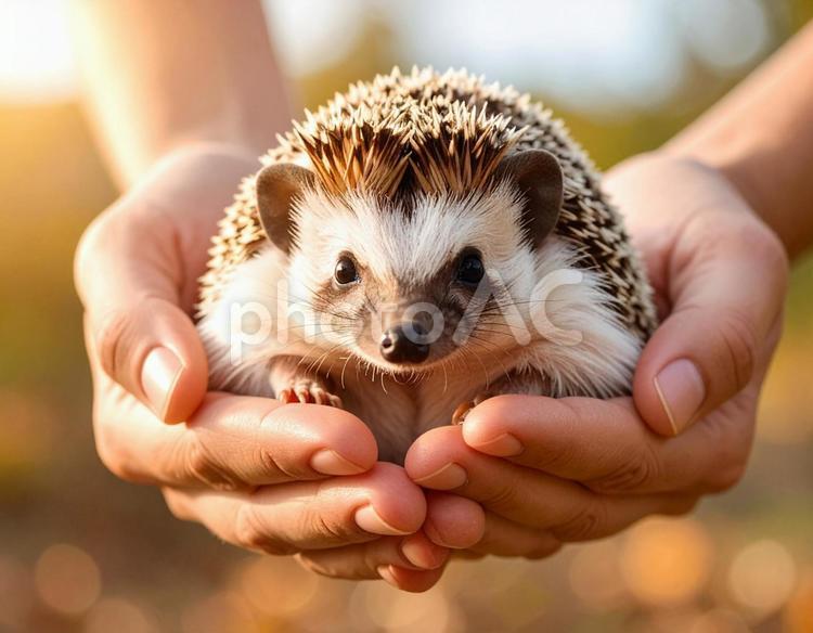 手のひらに乗っているハリネズミ2 はりねずみ,手のひら,両手の写真素材