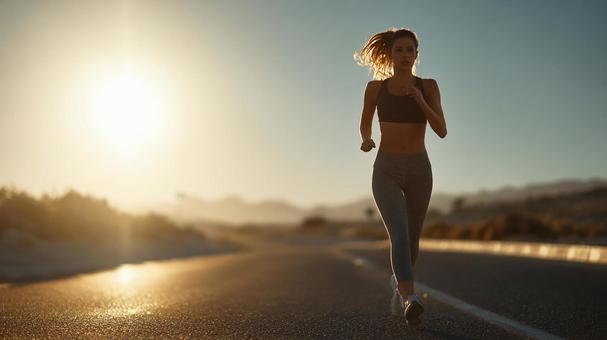 ロードを走る女性の足元 ロードを走る女性の足元の写真