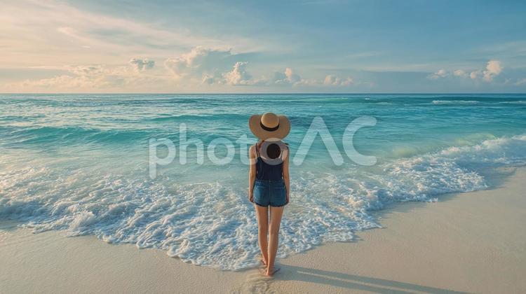 夏のビーチ：麦わら帽子をかぶった女性 女性,後ろ姿,ビーチの写真素材