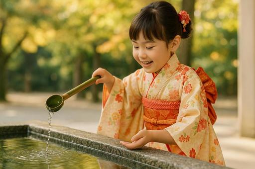 着物姿で手水舎の水をすくう子ども 着物姿で手水舎の水をすくう子どもの写真