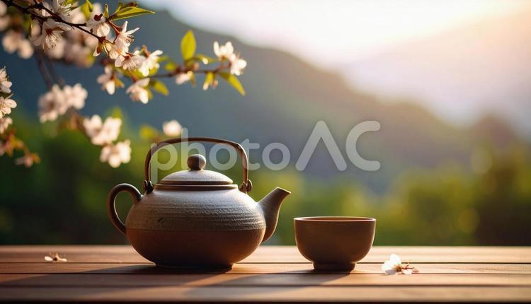 テーブルの上の急須と湯呑 お湯,お茶,お茶碗の写真素材