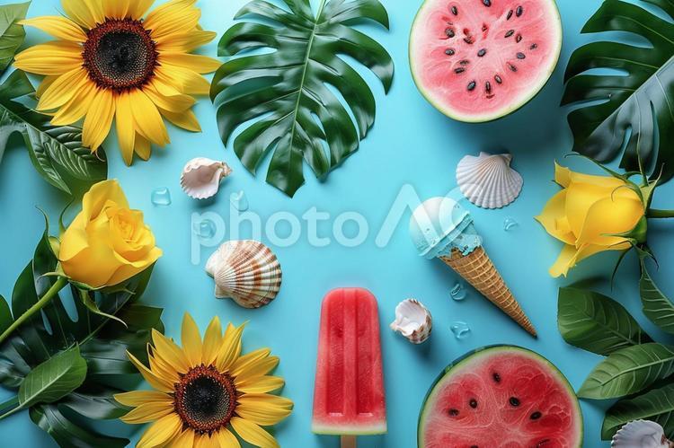 向日葵とスイカとアイスの夏イメージ 夏,向日葵,貝殻の写真素材