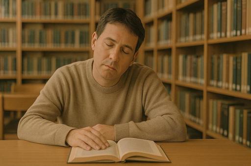 図書館でうたた寝する男性 図書館でうたた寝する男性の写真