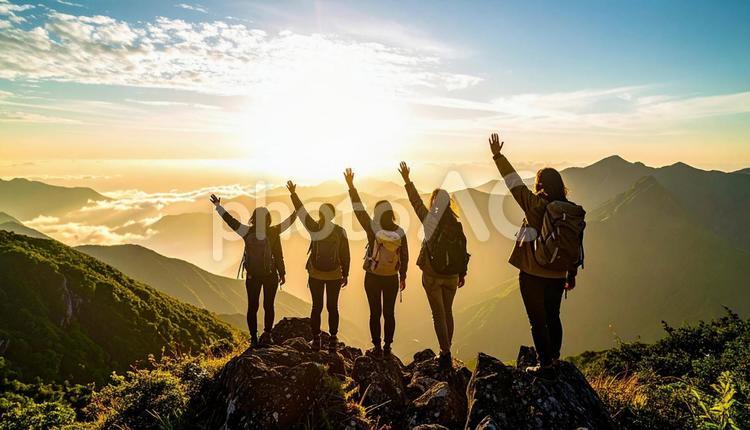 夏山で朝日に向かって手をあげる登山者 夏山,朝日,登山者の写真素材