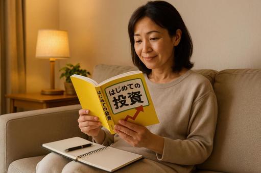 ソファに座って投資の勉強をする主婦 ソファに座って投資の勉強をする主婦の写真