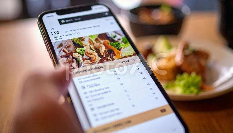 携帯からメニューを注文する手元 注文,携帯電話,メニューの写真素材