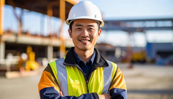 建設現場で働く作業服の若い男性の写真 建設現場で働く作業服の若い男性の写真の写真