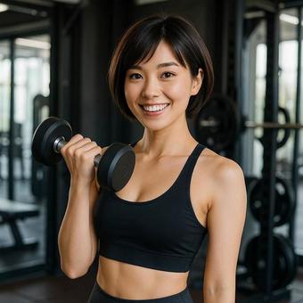 フィットネスジムで鍛えてる女性の写真