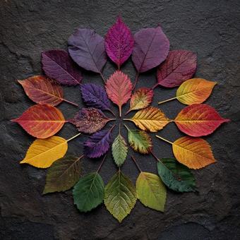 サークル状に配置された虹色の紅葉 サークル状に配置された虹色の紅葉の写真