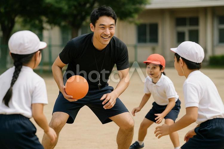 体育の授業をする教師 小学校,教論,教師の写真素材