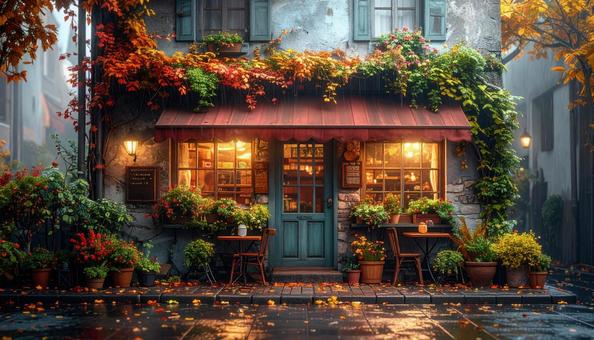 雨上がり、蔦の絡まる秋のカフェ 雨上がり、蔦の絡まる秋のカフェの写真