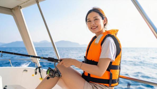 釣りを楽しむライフジャケットを着た女性 釣りを楽しむライフジャケットを着た女性の写真