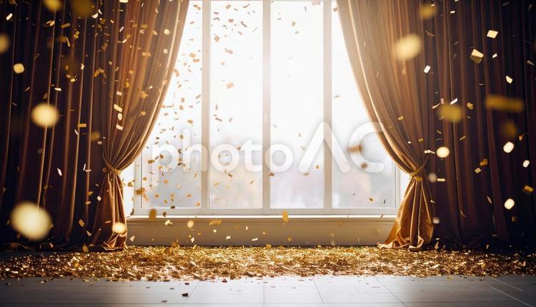 金の紙吹雪舞う赤いカーテンのステージ 赤,幕,カーテンの写真素材