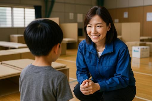 避難所で子どもに声をかける職員 避難所で子どもに声をかける職員の写真