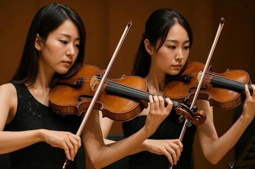 バイオリンとヴィオラを演奏する2人の女性 バイオリンとヴィオラを演奏する2人の女性の写真