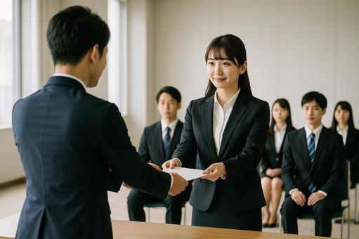 入社式で辞令を受け取る新入社員 入社式で辞令を受け取る新入社員の写真