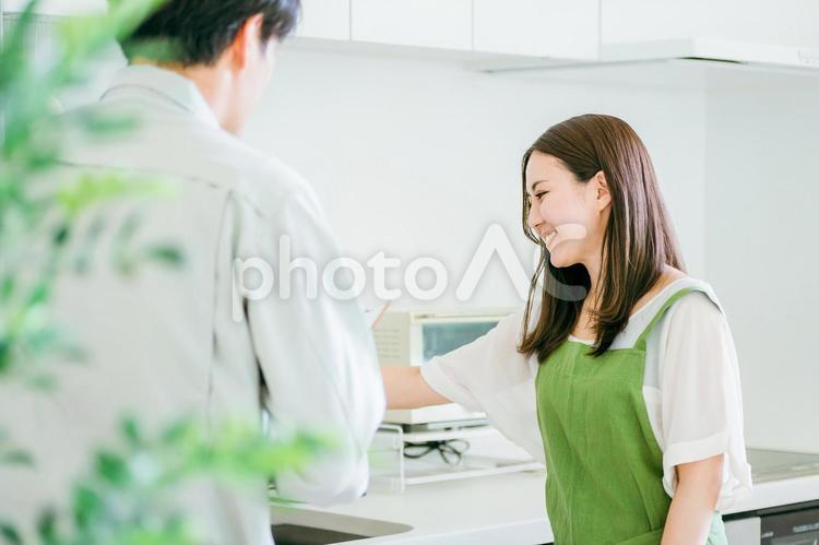 キッチンで話す作業着の男性と笑顔の女性 水道屋,水漏れ,漏水の写真素材