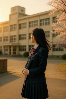 卒業式後女子生徒が思い出の校舎を振り返る 卒業式後女子生徒が思い出の校舎を振り返るの写真