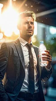 猛暑に水分補給をする男性ビジネスマン 猛暑に水分補給をする男性ビジネスマンの写真