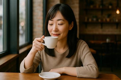 カフェでコーヒータイムの女性 カフェでコーヒータイムの女性の写真