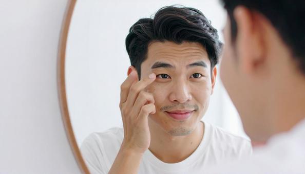 鏡を見て眉毛をチェックする若い男性 鏡を見て眉毛をチェックする若い男性の写真