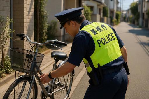 自転車を点検する警察官 自転車を点検する警察官の写真