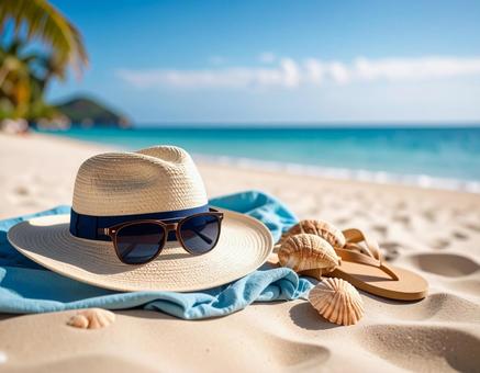 夏のビーチアイテムと砂浜の背景 夏のビーチアイテムと砂浜の背景の写真