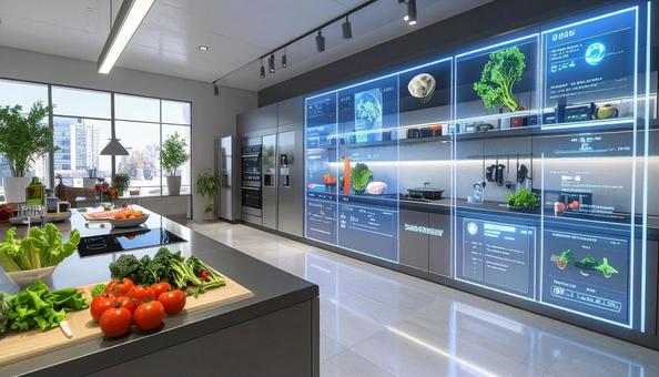 食材の並べられたキッチンにホログラムの写真