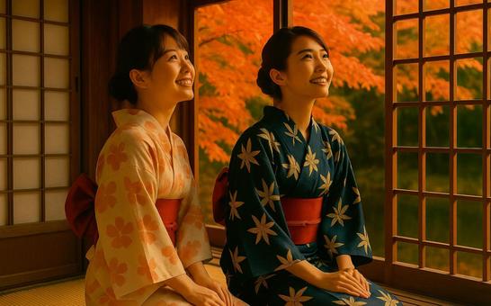 AI生成|紅葉と浴衣の友人 AI生成|紅葉と浴衣の友人の写真