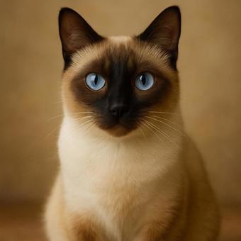 正面向いて座っているシャムミックス猫 正面向いて座っているシャムミックス猫の写真