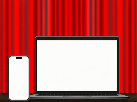 レッドカーテン背景のデジタルデバイス カーテン,レッド,劇場の写真素材