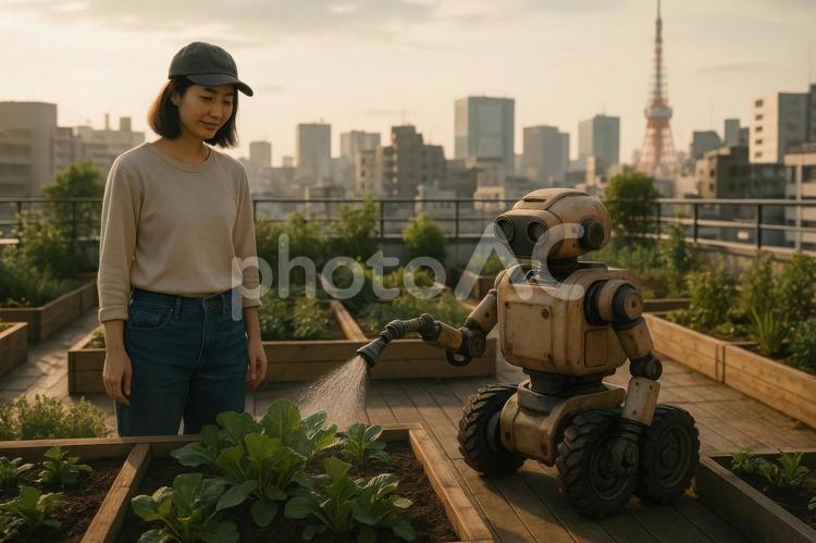 屋上菜園を管理するロボット ロボット,日本,屋上の写真素材