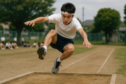 走り幅跳びに挑む中学生男子 走り幅跳びに挑む中学生男子の写真